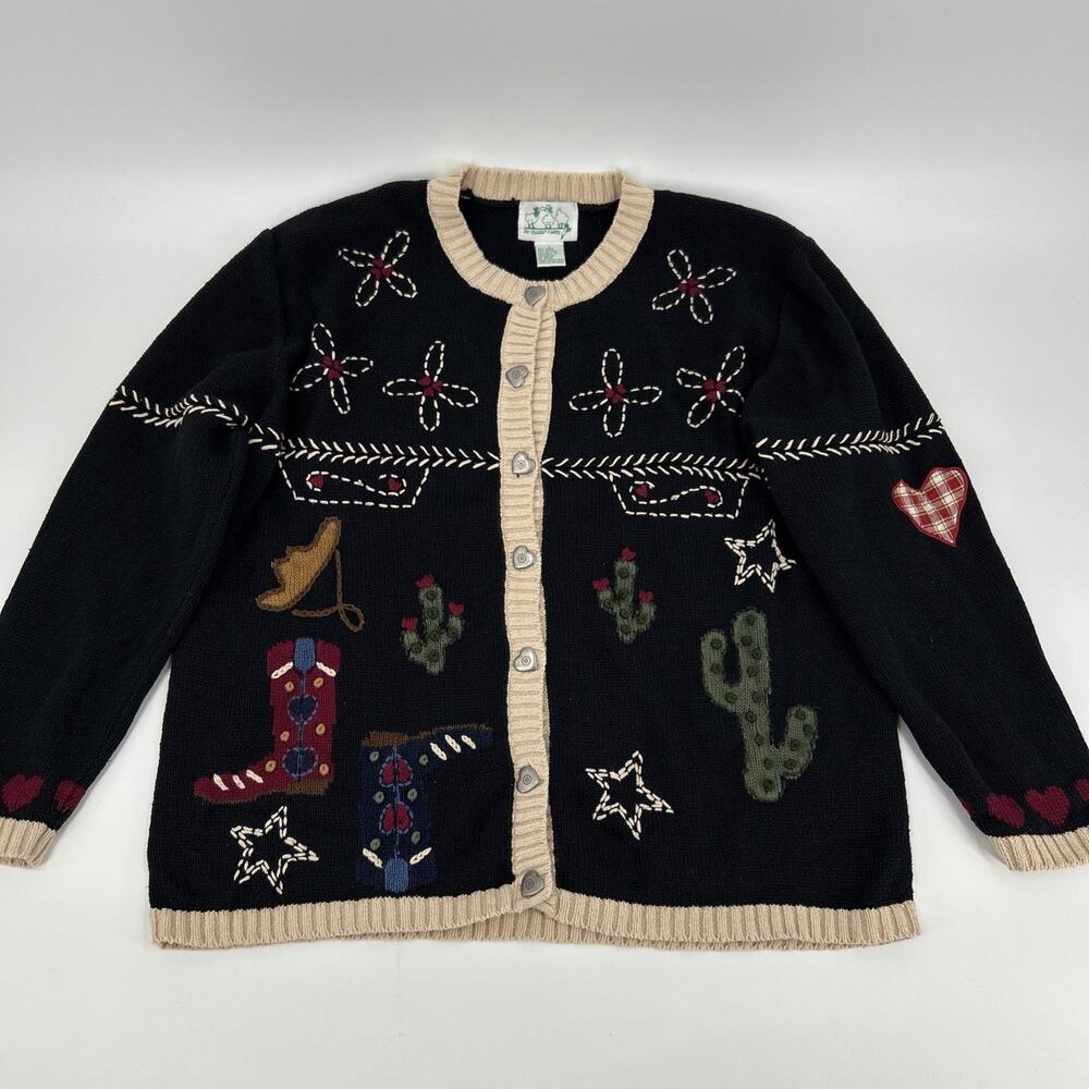 Vintage Quacker Factory Cardigan Womens L Black Cowboy Boots Cactus Southwest